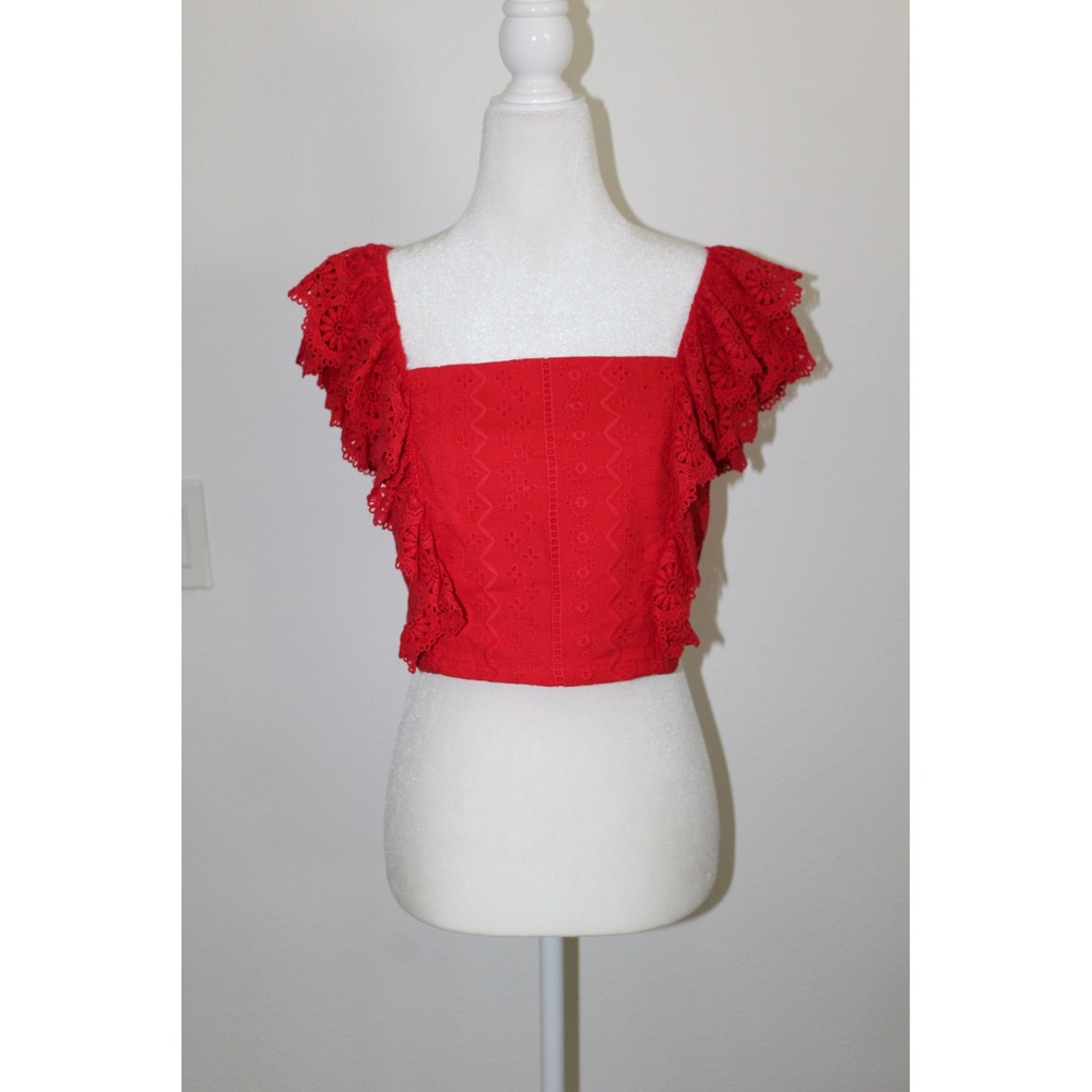 Altar'd State Red Eyelet Lace Crop Top Ruffle Sleeve Smocked Back Women's Medium